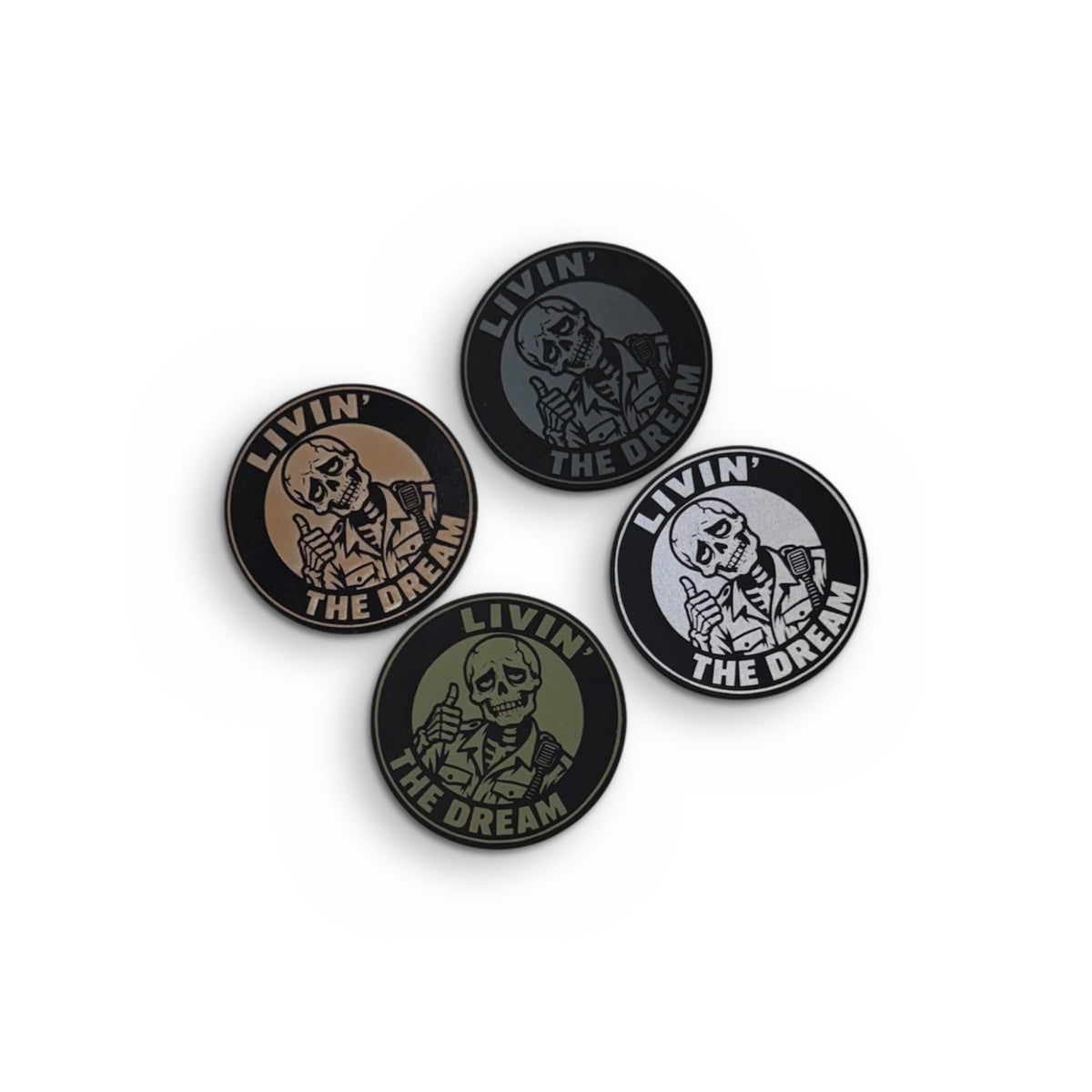 Livin' the Dream patches in Rawhide, Dark Grey, Moss and White