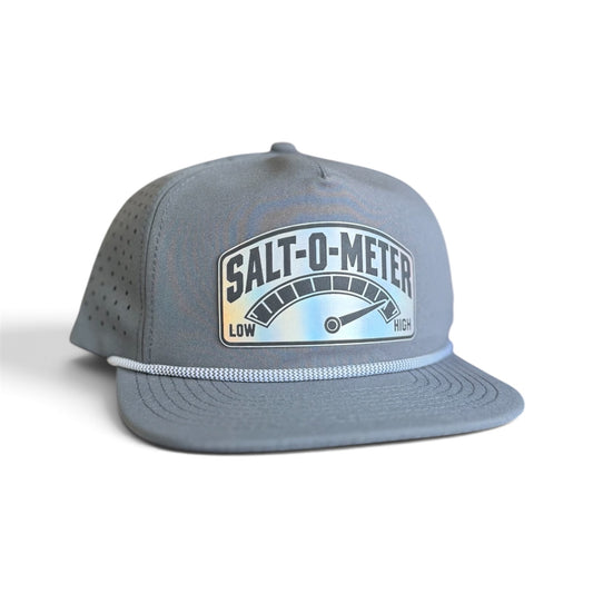 Seasoned Hat - Salt-O-Meter holographic patch on a dark grey rope hat