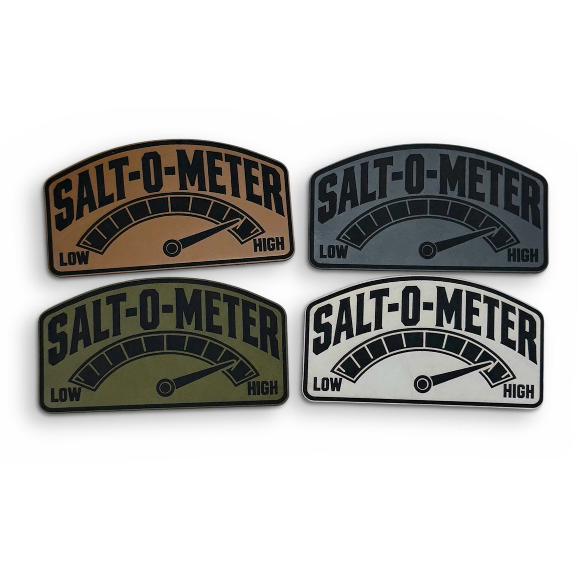 Seasoned Salt-O-Meter patches in Rawhide, Dark Grey, Moss and White